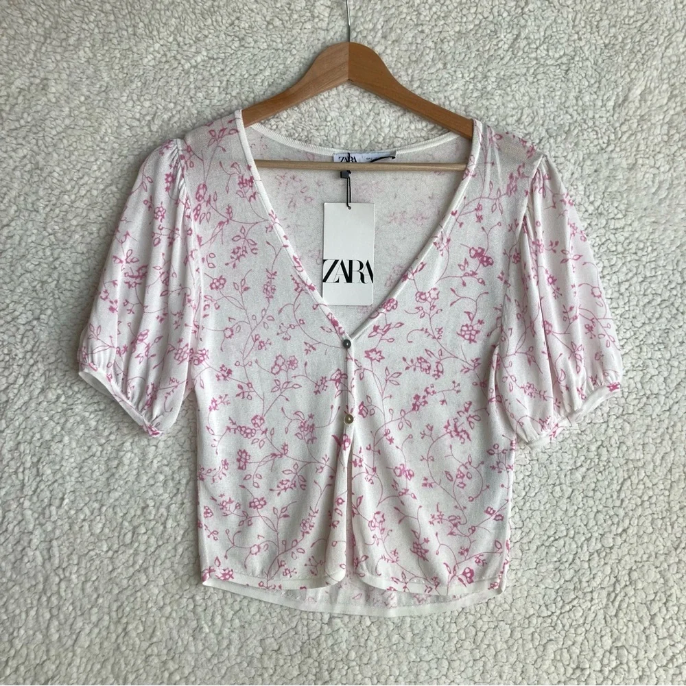 NWT Zara Women's puff short sleeve white floral open front cardigan, Sz L